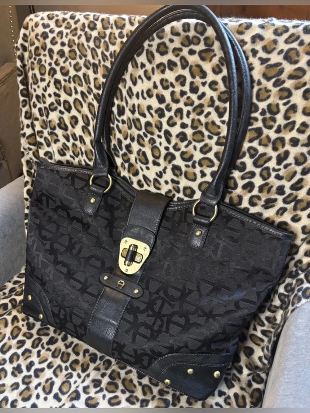 Etienne Aigner Black Turn lock Signature Jacquard/Leather Satchel/Shoulder/Tote